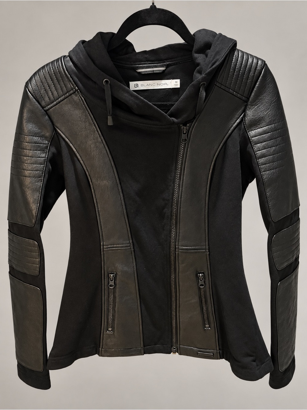 Blanc Noir Asymmetrical Hooded Terry Moto Jacket